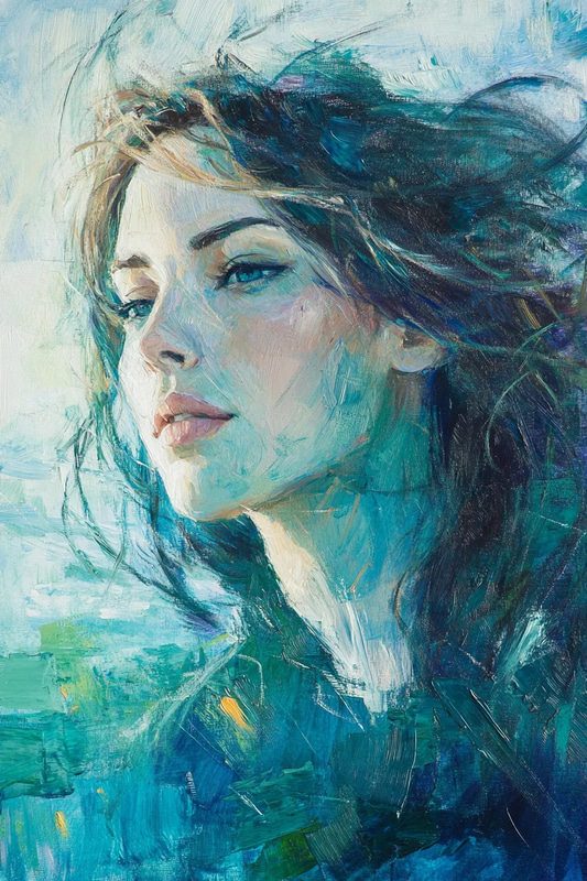 Impressionistic Portrait of a Woman with Flowing Hair - Luminous Impressionistic Portrait Art for Creative and Professional Use
