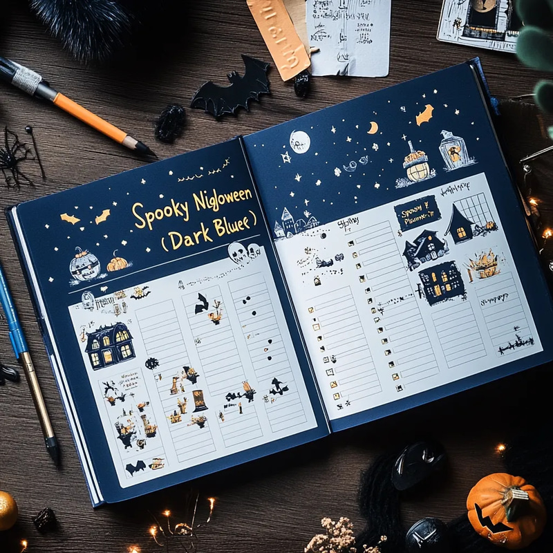 Spooky Night Halloween Planner Dark Blue - Elegant Event Planning Organizer for Memorable Parties and Weddings