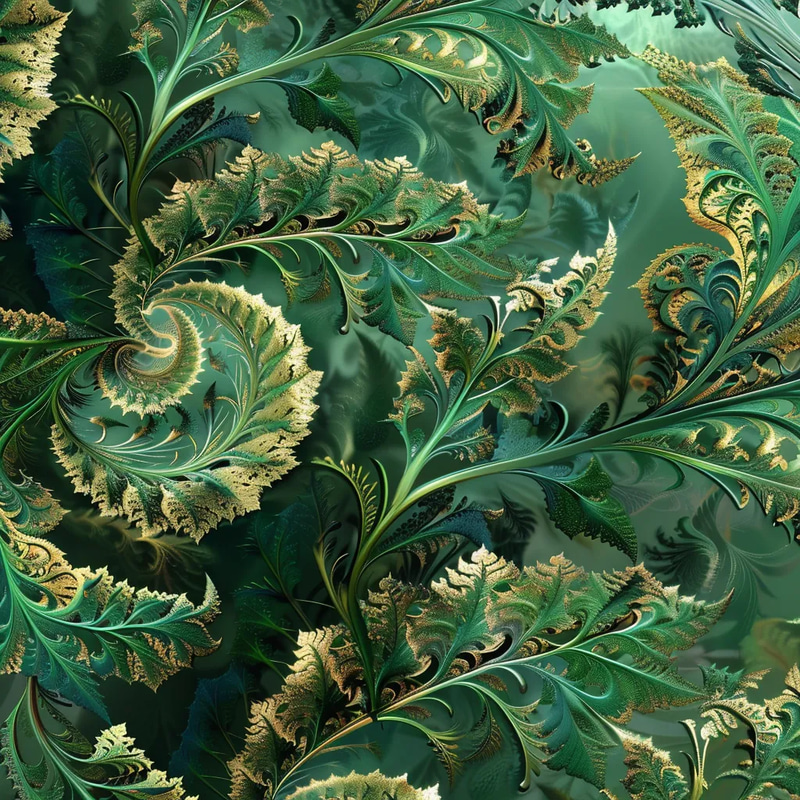 Fractal Fern Leaves Green Gold Abstract - Vibrant Organic Abstract Art for Creative and Commercial Projects