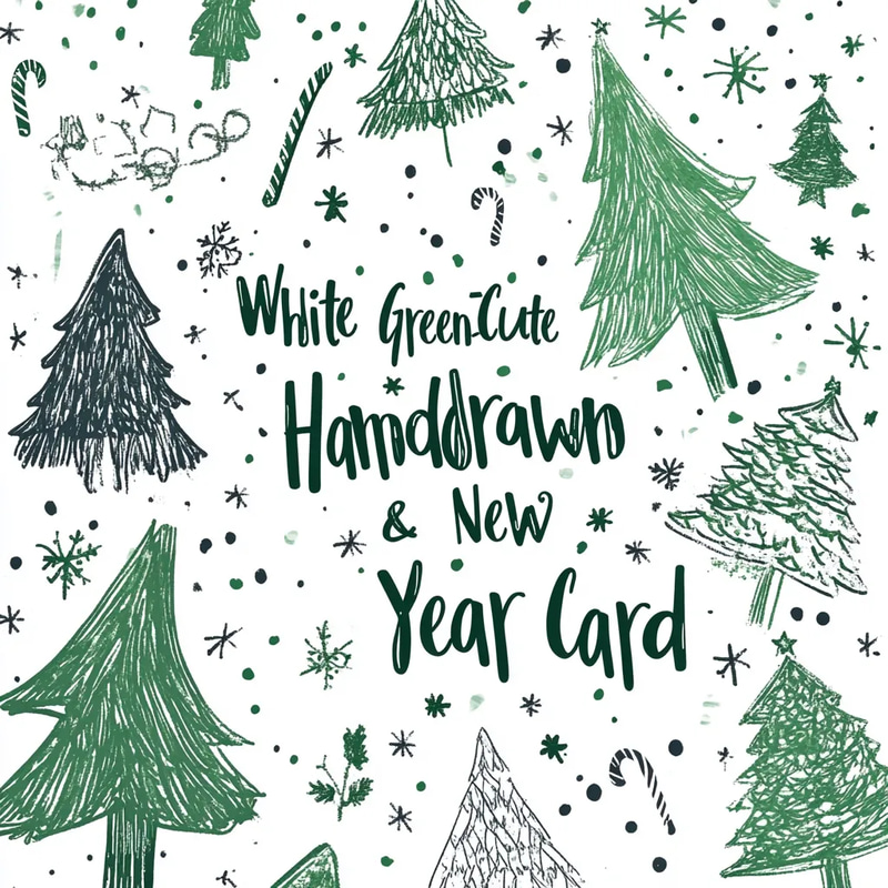 White Green Cute Handdrawn Xmas & New Year Card - Charming Festive Holiday Greetings for Personal and Business Use