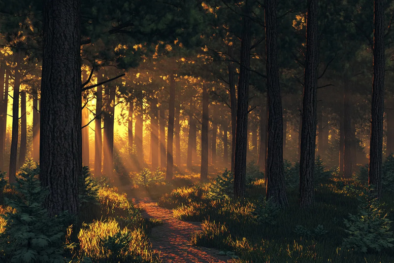 Forest Sunset View - Serene Woodland Landscape Art for Tranquil Spaces and Creative Displays
