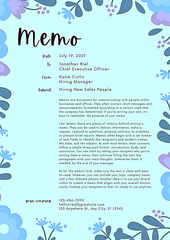 Pink Blue Floral Memo Template - Elegant Business Communication for Professional Meetings and Notes
