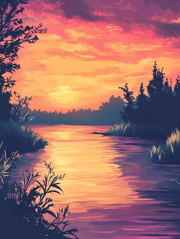 Summer Sunset View - Serene Landscape Art for Tranquil Spaces and Creative Decor