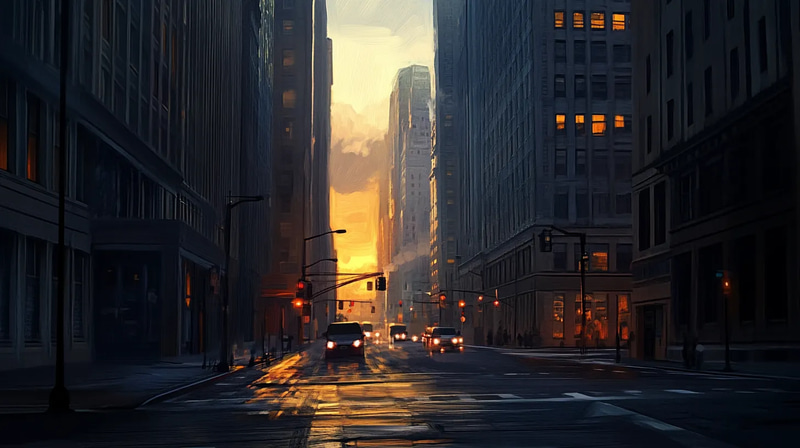 City Dawn Awakening - Vibrant Urban Landscape Art for Contemporary Wall Decor and Creative Spaces