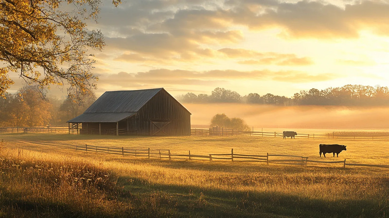 Sunrise Farm Scene - Serene Rural Landscape Art for Tranquil Home and Office Decor