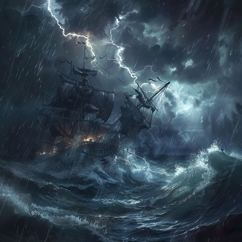 Tempest's Gambit Cursed Voyage Scene - Immersive Concept Art for Storytelling and Narrative Design
