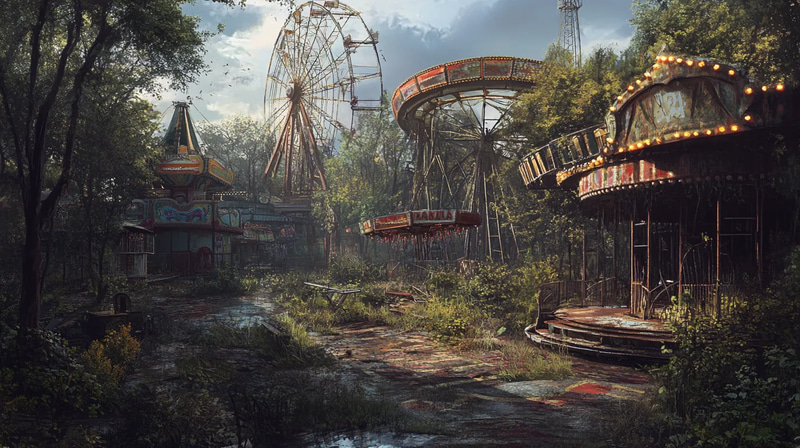 Decayed Amusement Park with Broken Rides - Post-Apocalyptic Sci-Fi Art for Immersive Storytelling and Creative Projects