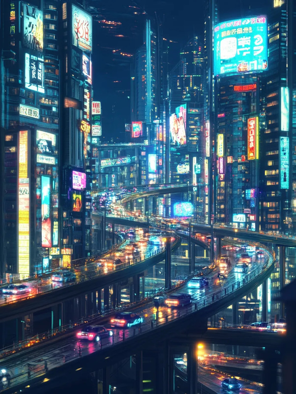 High-Tech City at Night with Neon Lights - Futuristic Digital Cityscape for Sci-Fi Creators and Urban Visual Projects