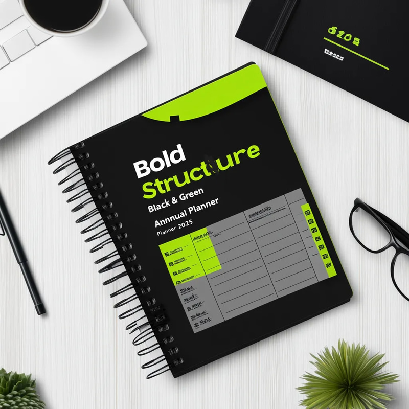Bold Structure Black & Green Annual Planner 2025 - Sleek Academic Organizer for Efficient Study & Year-Round Success