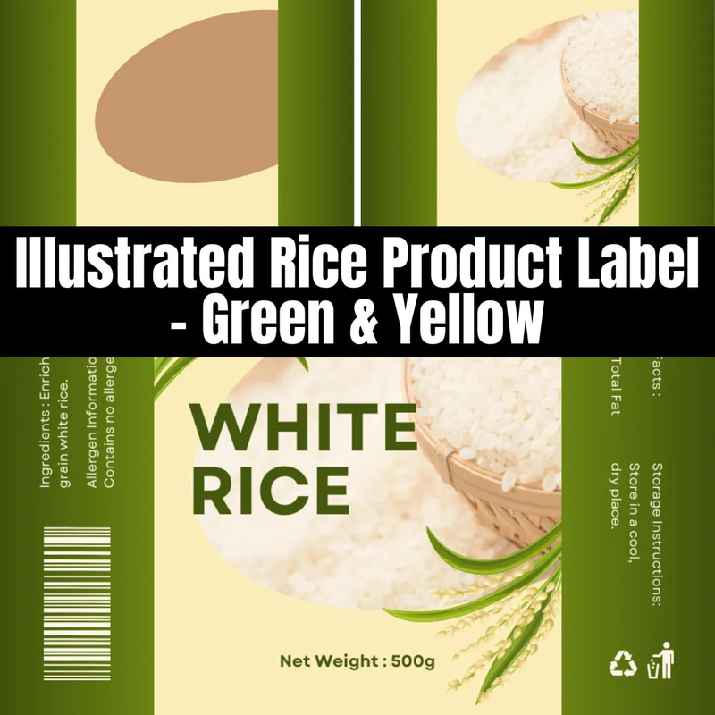 Illustrated Rice Product Label Green Yellow - Vibrant Packaging Template for Food & Drink Brands