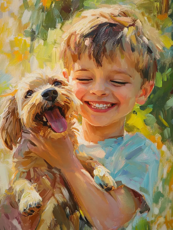 Impressionistic Portrait of a Young Boy with a Dog - Expressive Impressionistic Portrait Art for Emotional Home & Gallery Decor