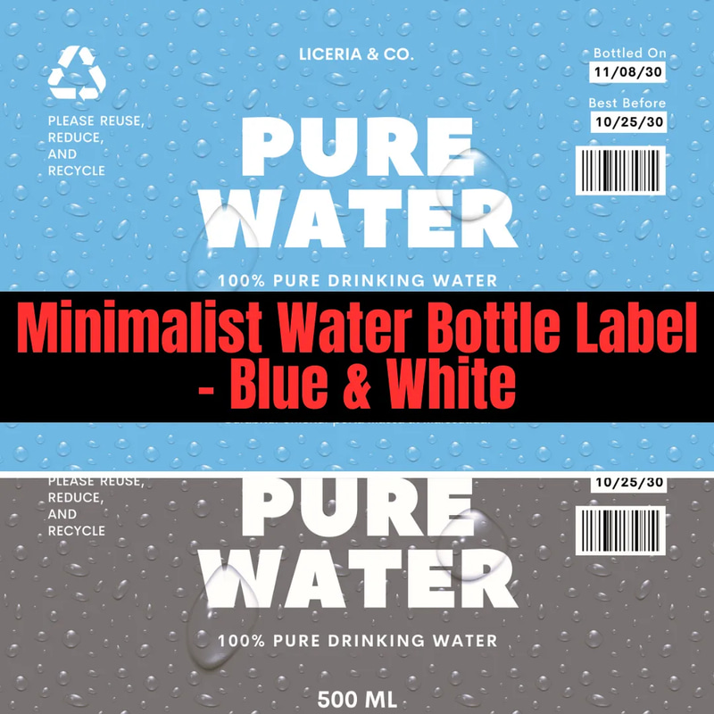 Minimalist Water Bottle Label Blue White - Sleek Packaging Template for Food & Drink Branding