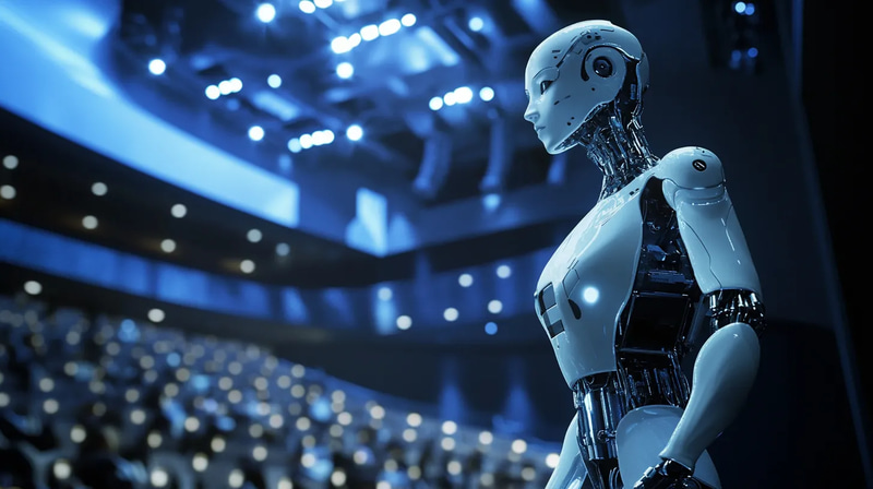 Android Performing on Stage in a Digital Opera - Sci-Fi Robotics Art for Futuristic Creative Projects and Storytelling