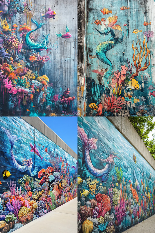 Underwater World Mural - Vibrant Urban Graffiti Art for Creative Spaces and Public Murals