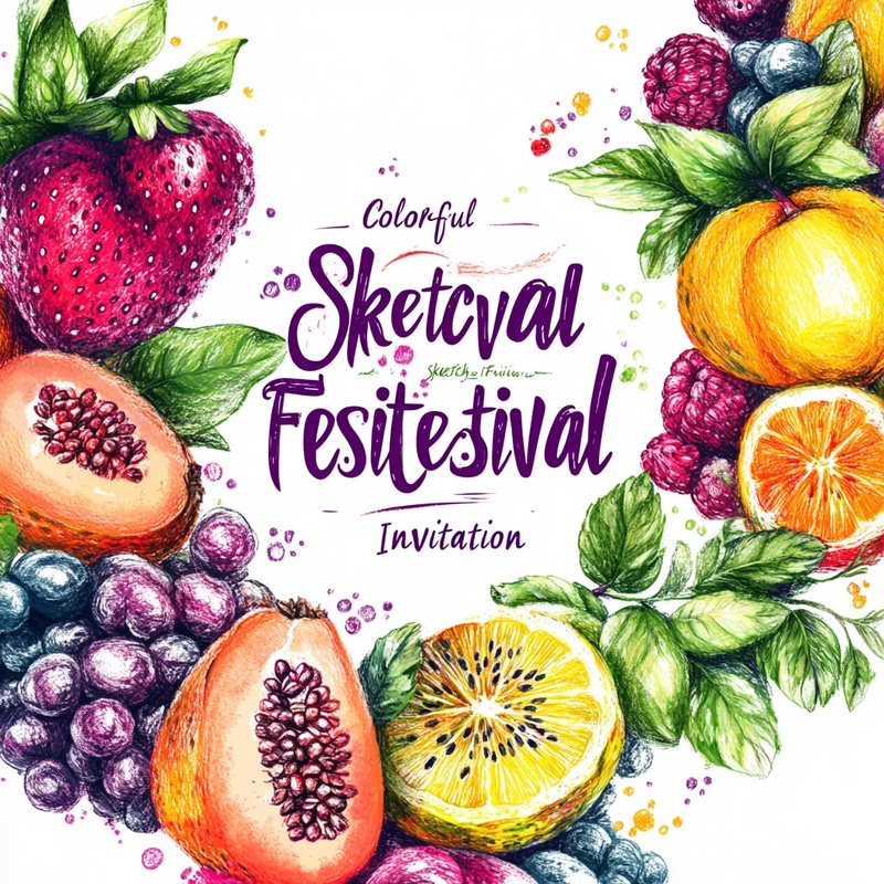 Colorful Sketch Fruit Festival Invitation - Vibrant Hand-Drawn Food Card for Festive Celebrations and Personal Events
