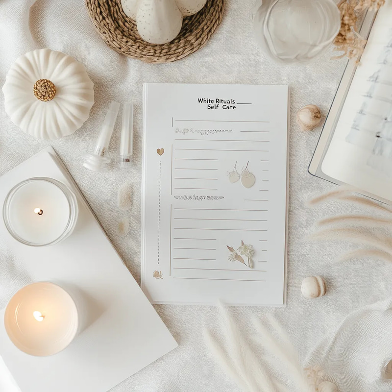 White Rituals Daily Self Care Routine Log - Minimalist Wellness Planner for Personal Growth and Mindful Living
