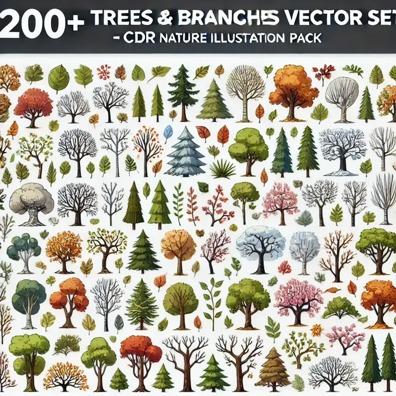 200+ Trees & Branches Vector Set - CDR Nature Illustration Pack - Premium Natural Landscape Vectors for Designers and Creators