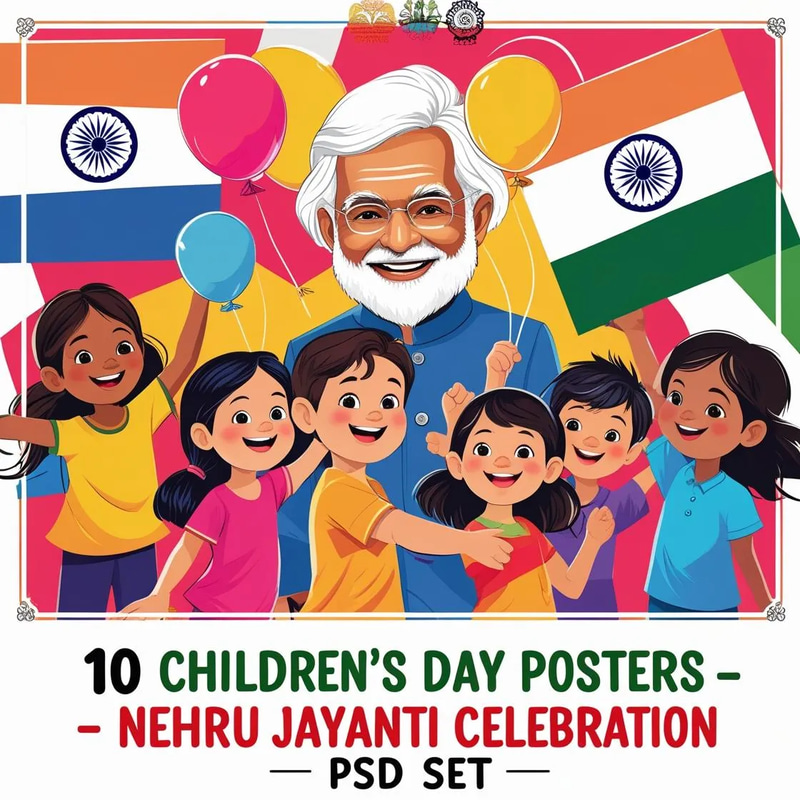 10 Children's Day Posters - Nehru Jayanti Celebration PSD Set - Vibrant Festive Templates for Marketers and Educators