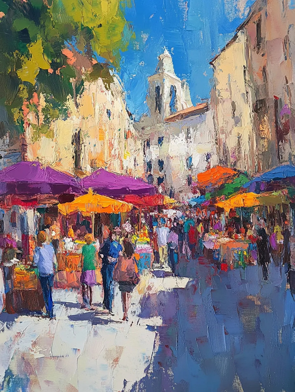 Busy Market Square Impressionist Art - Vibrant Impressionist Painting for Art Lovers and Creative Spaces