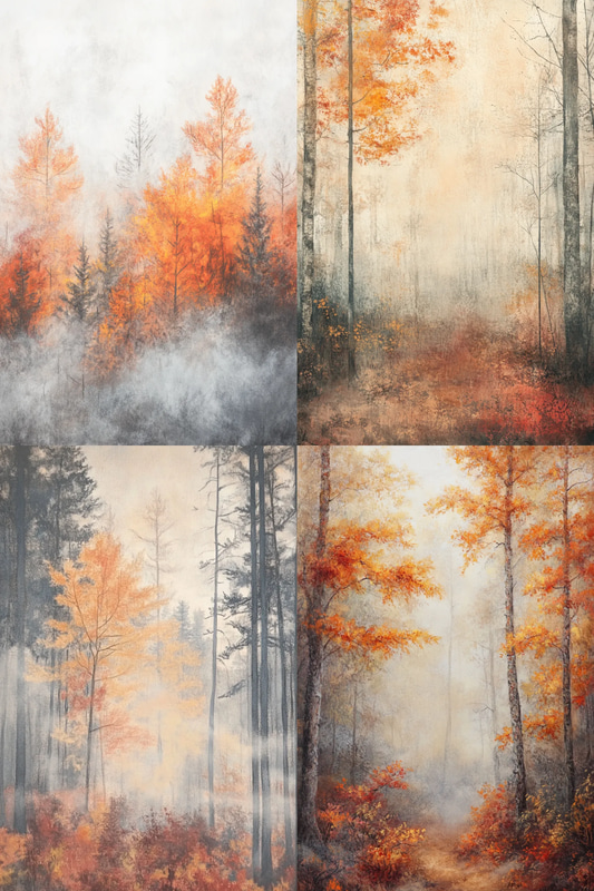 Misty Autumn Forest Pastel Scene - Serene Pastel Painting for Artistic Decor and Creative Inspiration