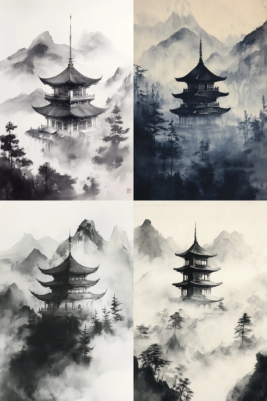 Traditional Pagoda Ink Scene - Graceful Ink Painting Art for Cultural Decor and Artistic Inspiration