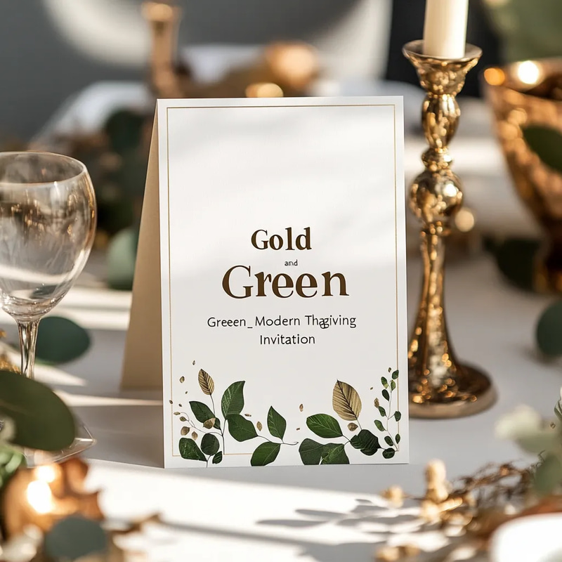 Gold and Green Modern Thanksgiving Invitation - Elegant Harvest-Themed Card for Warm Seasonal Greetings