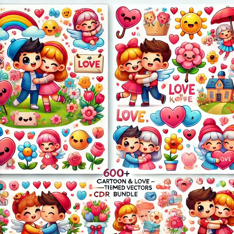 600+ Cartoon Love-Themed Vector Bundle - Playful Characters for Creative Projects and Brand Storytelling