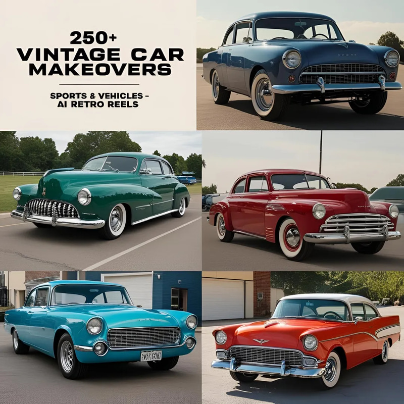 250+ Vintage Car Makeovers - AI Retro Reels - Cinematic AI-Generated Vintage Car Transformations for Creative Video Projects