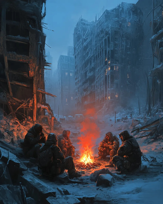 Post Apocalyptic Scene with Group of Survivors - Cinematic Sci-Fi Art for Immersive Storytelling and Creative Projects