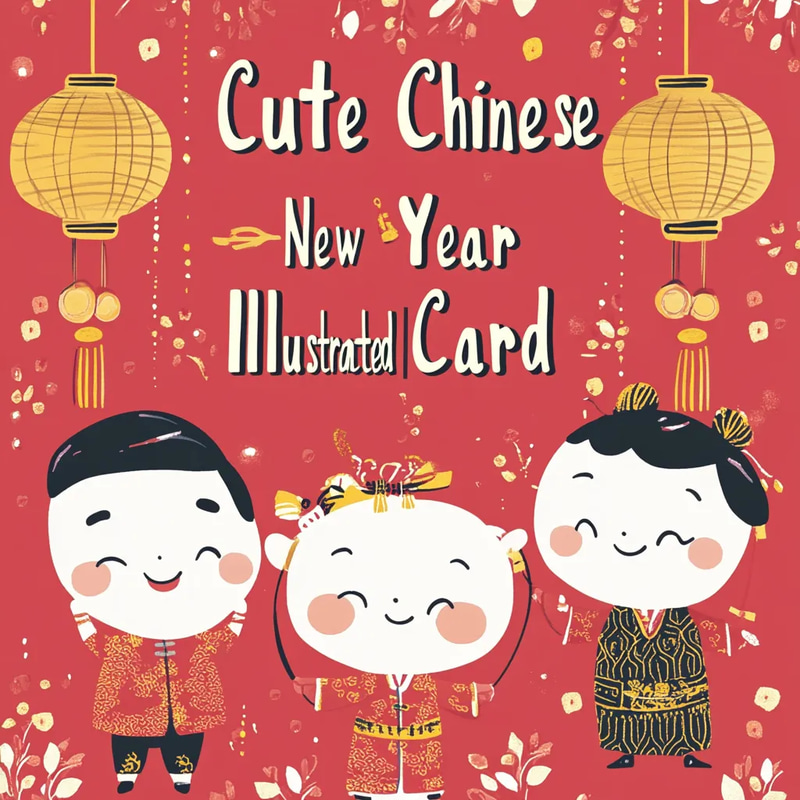 Cute Chinese New Year Illustrated Card - Charming Holiday Greetings for Festive Celebrations and Personal Use