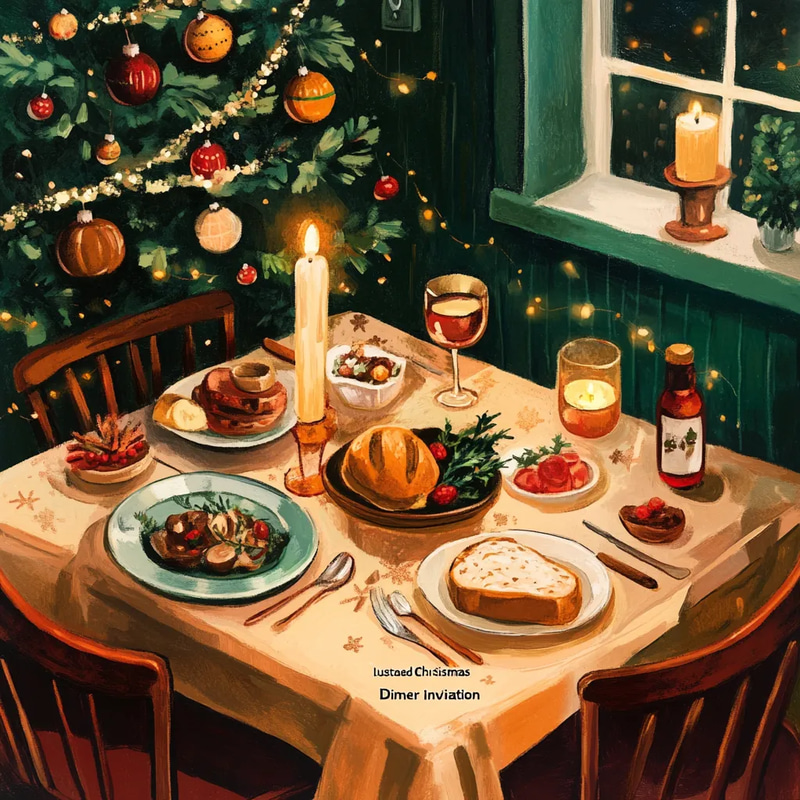 Illustrated Christmas Dinner Invitation - Festive Holiday Card Design for Elegant Seasonal Celebrations