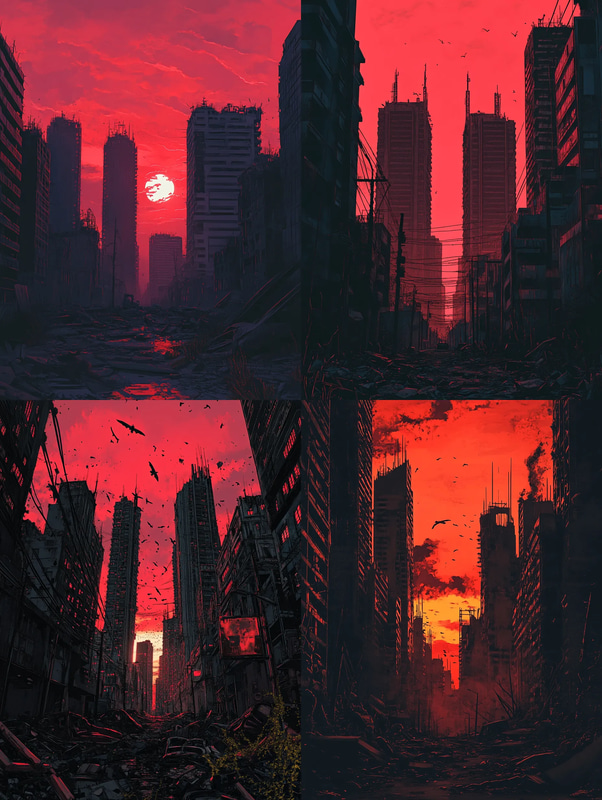 Dystopian City at Dusk with Ruined Skyscrapers Illustration - Sci-Fi Post-Apocalyptic Art for Immersive Visual Projects