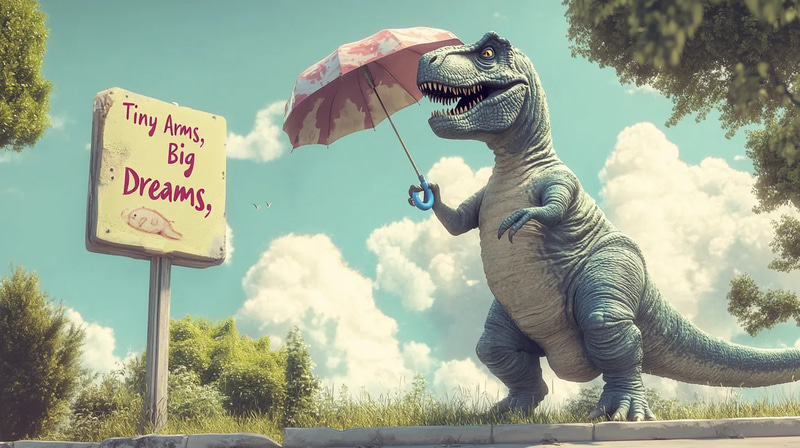 T-Rex Struggling to Hold a Cup - Humorous Wall Art for Playful Spaces and Lighthearted Decor