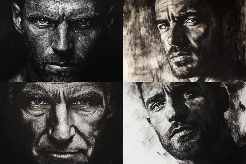 Strong-Featured Man Charcoal Portrait - Expressive Charcoal & Pencil Portrait Art for Creative Visual Projects