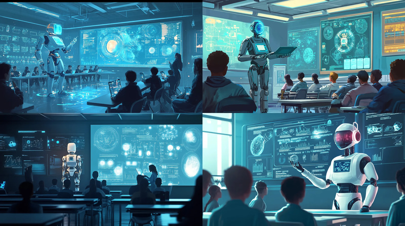 High-Tech Classroom with Android Instructors - Futuristic Robotics Illustration for Educators and Innovators