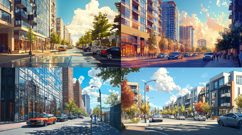 Tree-Lined City Street - Serene Urban Landscape Art for Contemporary Spaces and Creative Projects