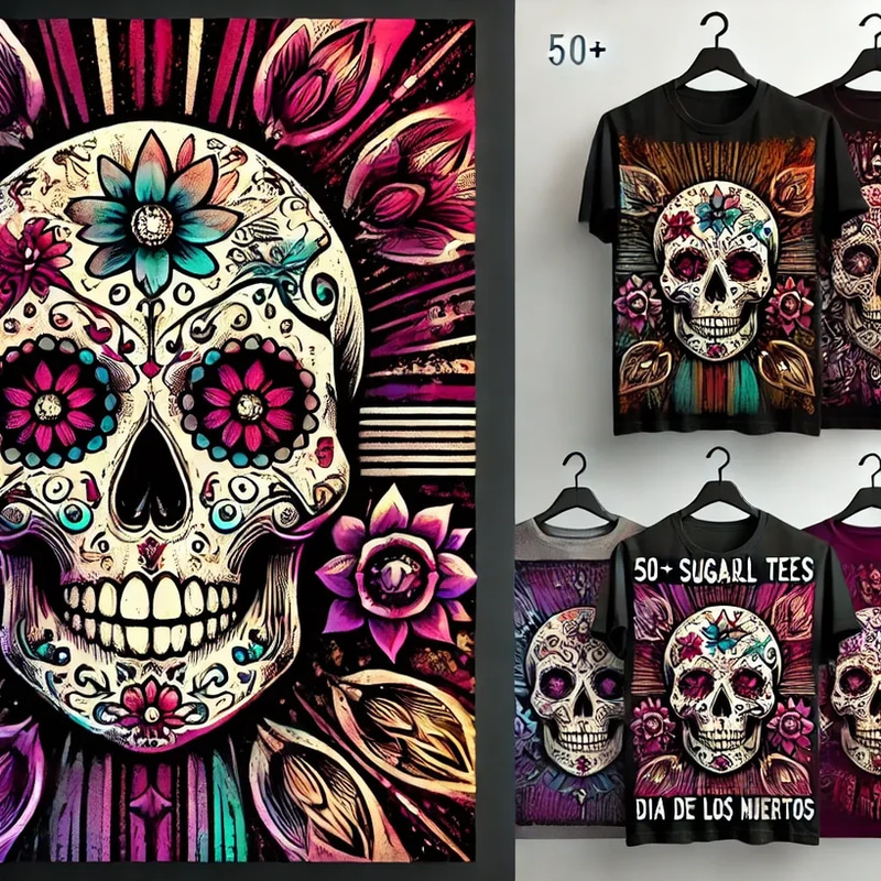 50+ Sugar Skull Tees - Vector T-Shirt Collection - Vibrant Day of the Dead Designs for Creators & Apparel Brands