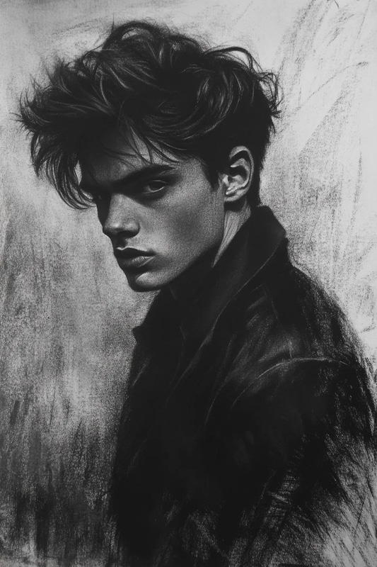 Strong Contrast Young Man Charcoal Portrait - Expressive Monochrome Portrait Art for Creative Projects and Personal Branding