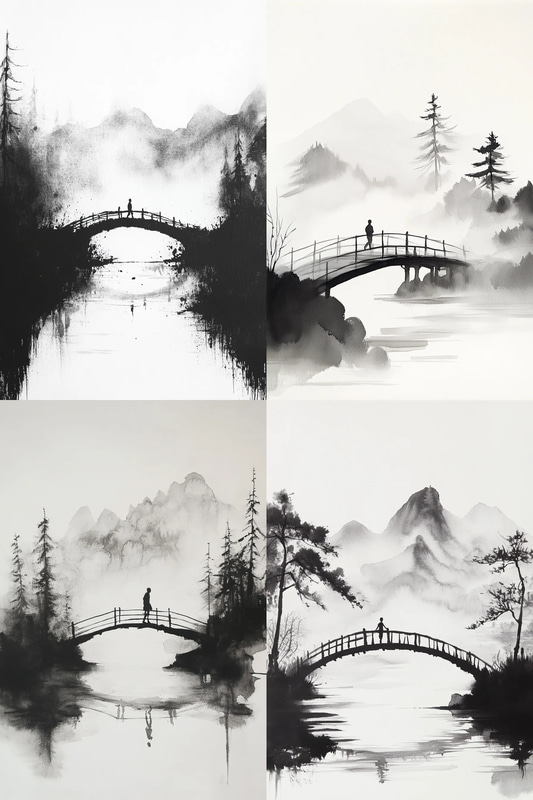 Serene Landscape with Lone Figure - Elegant Ink Painting Art for Tranquil Home and Office Decor