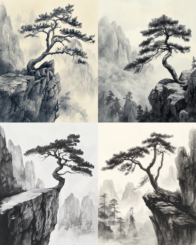 Ancient Pine Tree Ink Artwork - Timeless Ink Painting for Elegant Decor and Artistic Inspiration