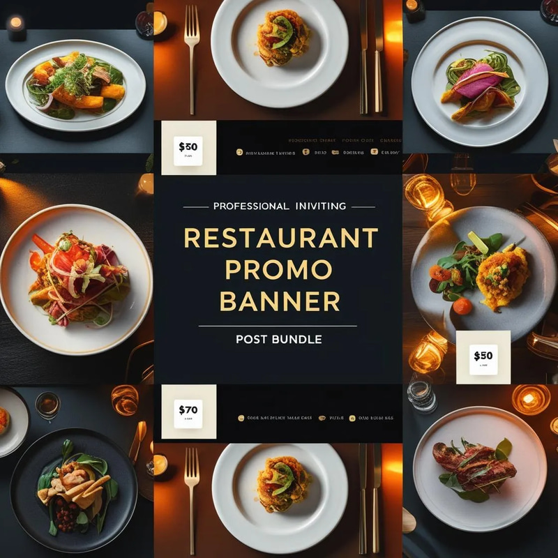 Restaurant Promo Banner - Social Media Post Bundle - Modern Gridline Graphics for Engaging Restaurant Marketing Campaigns