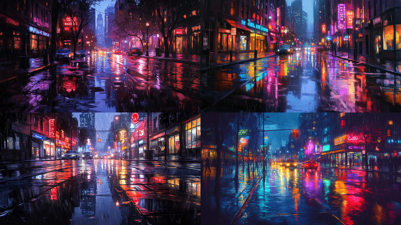 Rainy City Reflections - Moody Urban Landscape Art for Contemporary Decor and Creative Projects