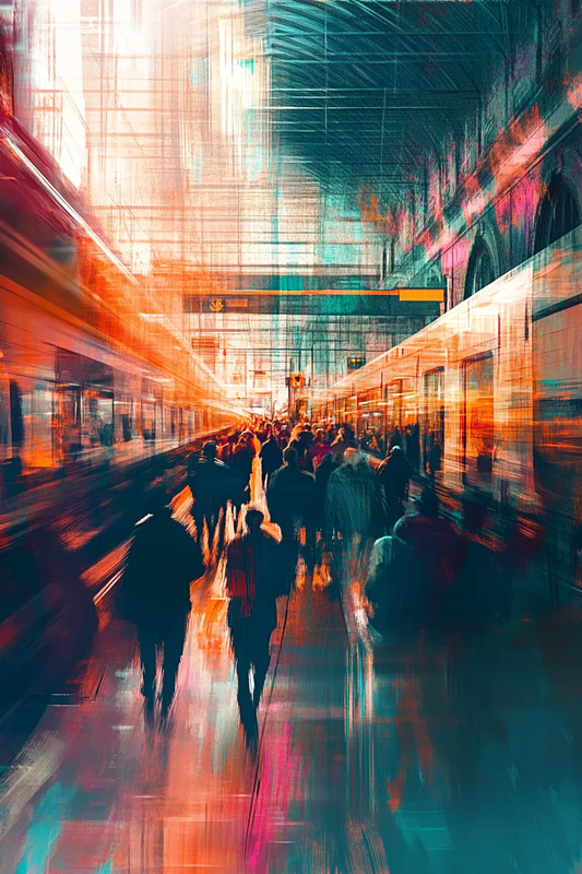 Busy Train Station Digital Painting - Expressive Traditional Art for Dynamic Urban Decor and Creative Spaces