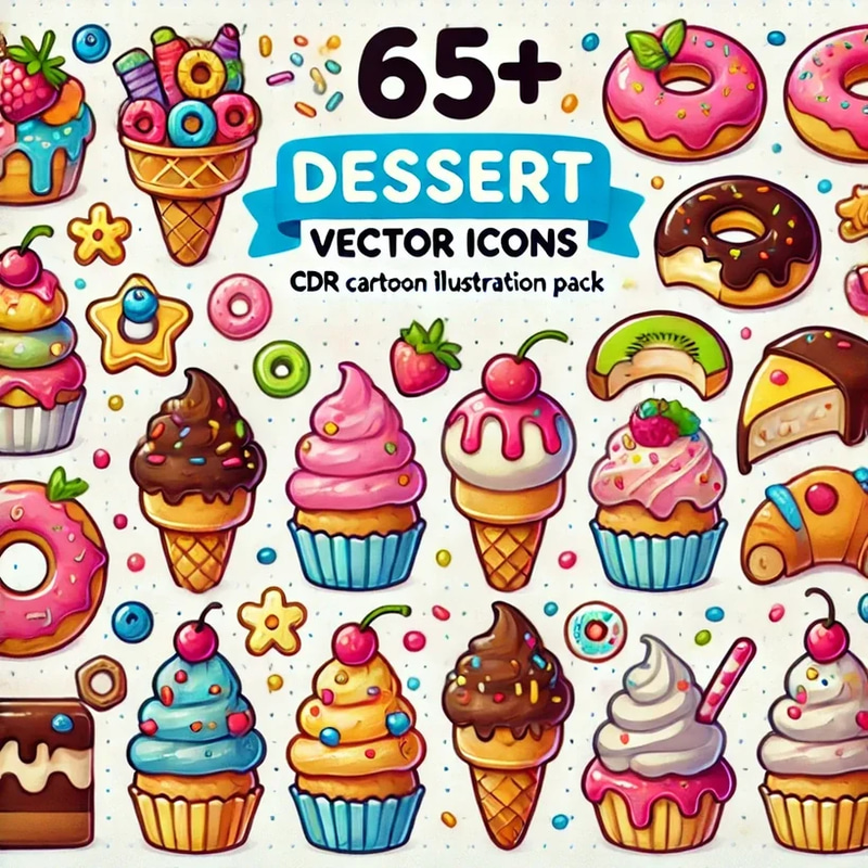 65+ Dessert Vector Icons - CDR Cartoon Illustration Pack - Playful Nature & Landscape Icons for Designers and Creators