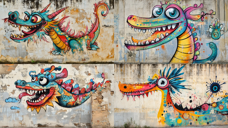 Playful Cartoon Dragon Graffiti - Vibrant Street Art Characters for Urban Creatives and Visual Storytelling