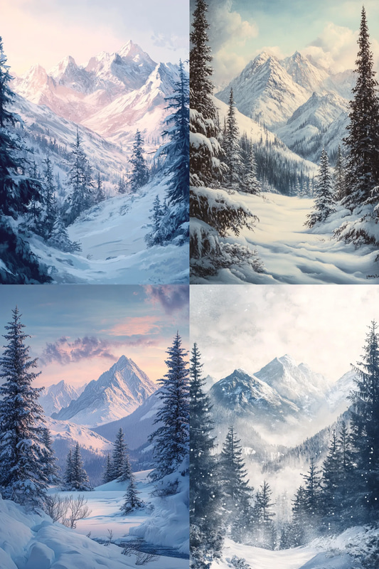 Winter Mountain Scene - Serene Snowy Mountain Landscape Art for Calm and Inspiring Visual Spaces