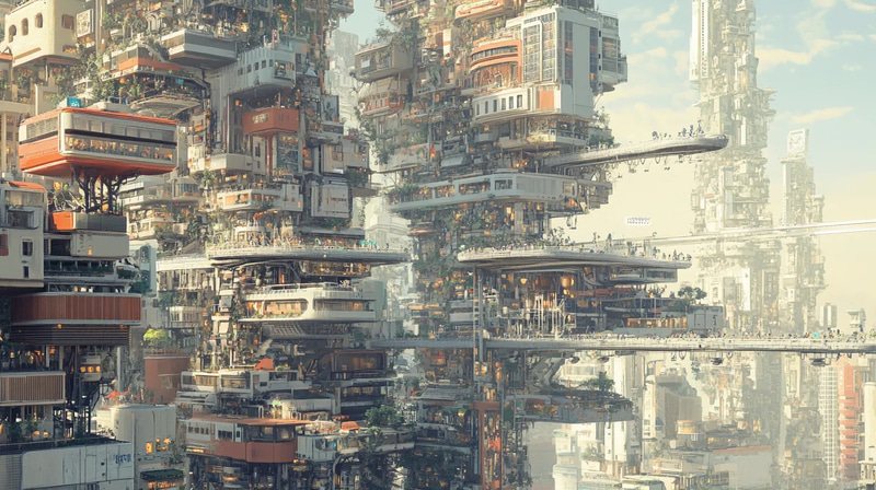 Sprawling Vertical City with Floating Platforms - Futuristic Sci-Fi Illustration for Creative Projects and Digital Art