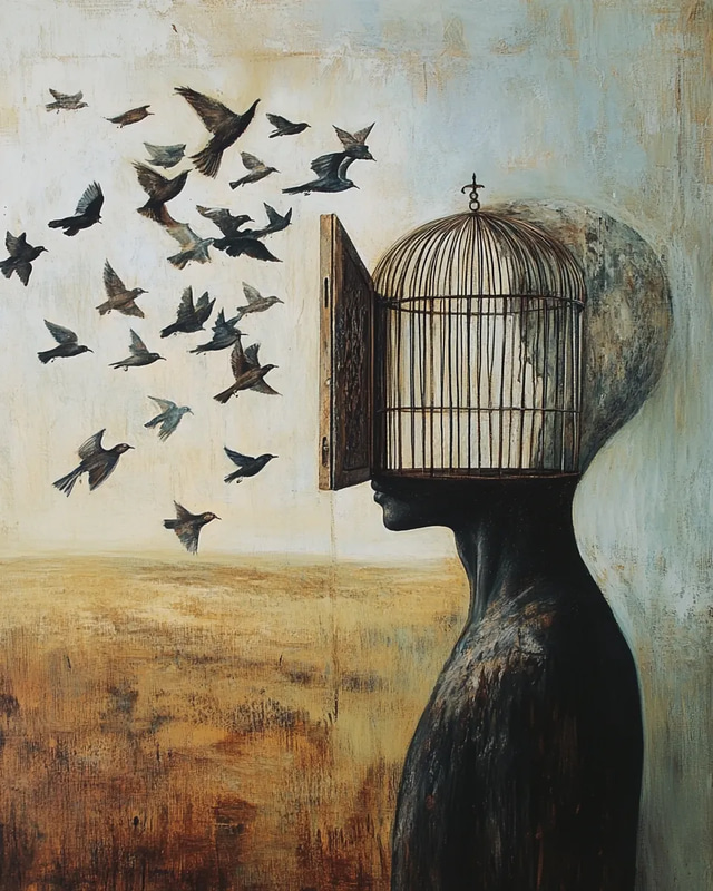 Figure with Birdcage Head Surreal Art - Heritage Brushworks Surrealist Paintings for Contemporary Art Lovers and Collectors