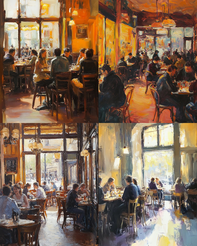 Bustling Café Interior Impressionist - Vibrant Impressionist Painting of Cozy Urban Café for Art Lovers and Decor Enthusiasts
