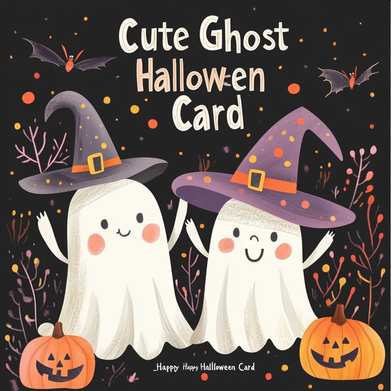 Cute Ghost Witch Happy Halloween Card - Charming Seasonal Invitation for Festive Celebrations and Creative Greetings